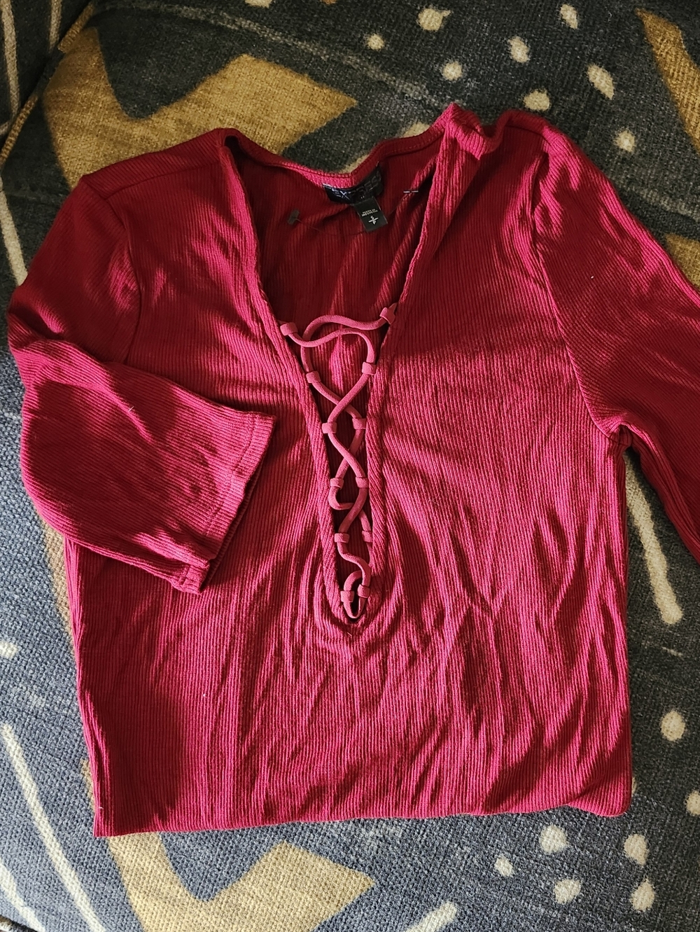 Express red wine lace up neck top tshirt